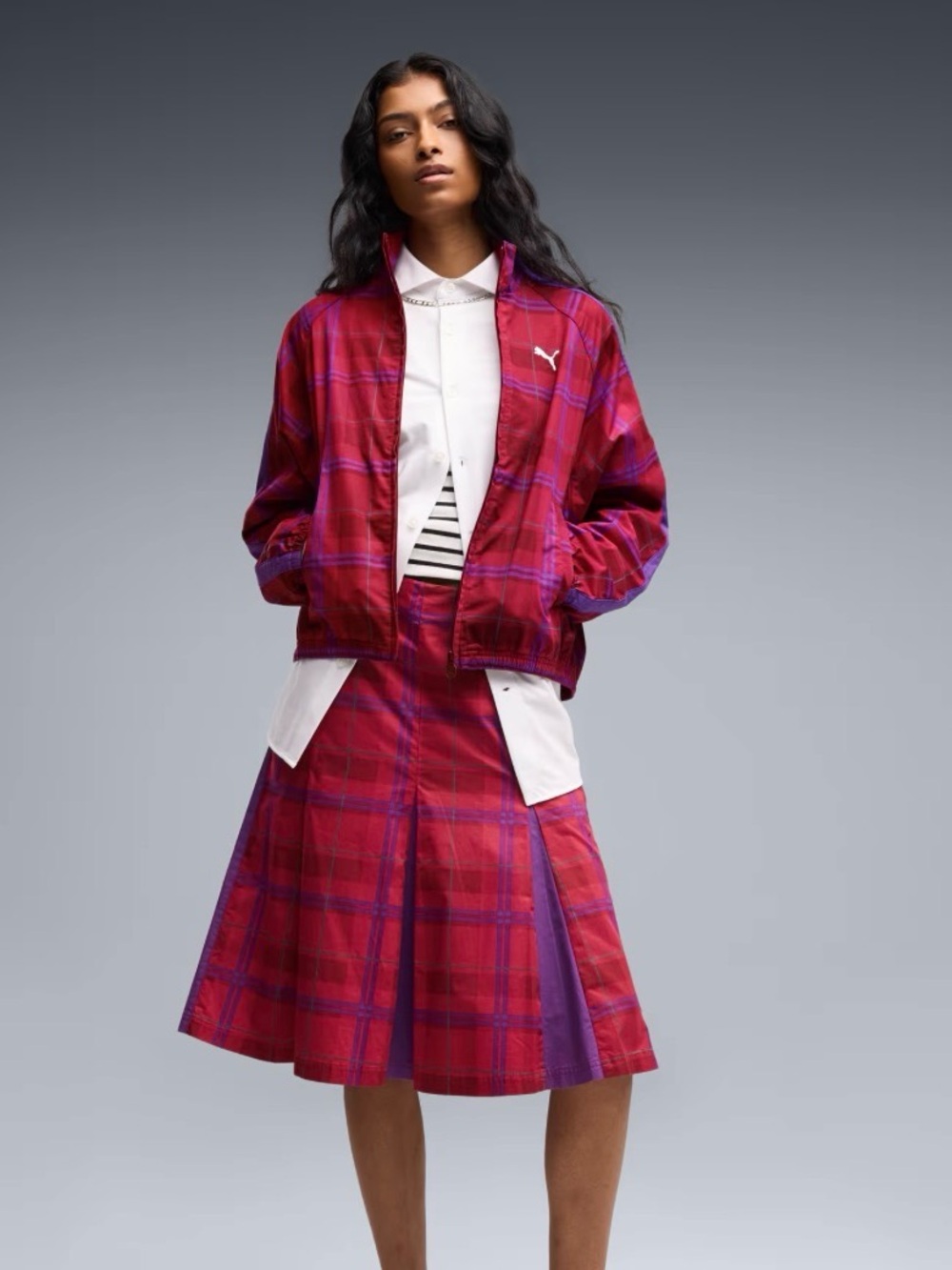 Puma Red/Purple Plaid Women's Bomber Jacket and Skirt set. (No White shirt)